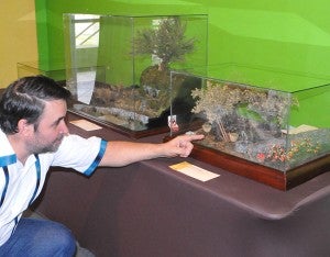 Aquí muestra los dioramas de un huerto de olivos y de la casa de Frodo Baggins (de la película El Señor de los Anillos).