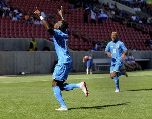 SANDY UT- OCTOBER 10: Albert Elis #17 of Honduras celebrates his first half goal against the United States during the semifinal round of the 2015 CONCACAF Olympic Qualifying match at Rio Tinto Stadium on October 10, 2015 in Sandy, Utah.   Gene Sweeney Jr/Getty Images) *** Local Caption **Albert Elis